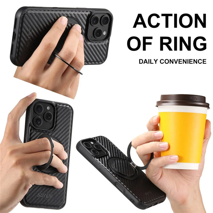 SUTENI G3 For iPhone 16 Pro Max Magnetic Case Rotating Kickstand Carbon Fiber Texture Leather Phone Back Cover - 6