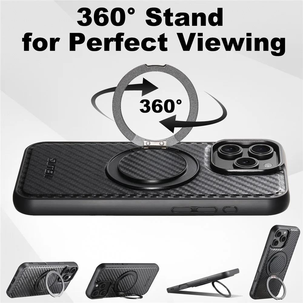 SUTENI G3 For iPhone 16 Pro Max Magnetic Case Rotating Kickstand Carbon Fiber Texture Leather Phone Back Cover - 7
