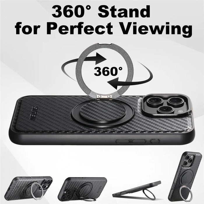 SUTENI G3 For iPhone 16 Pro Max Magnetic Case Rotating Kickstand Carbon Fiber Texture Leather Phone Back Cover - 7
