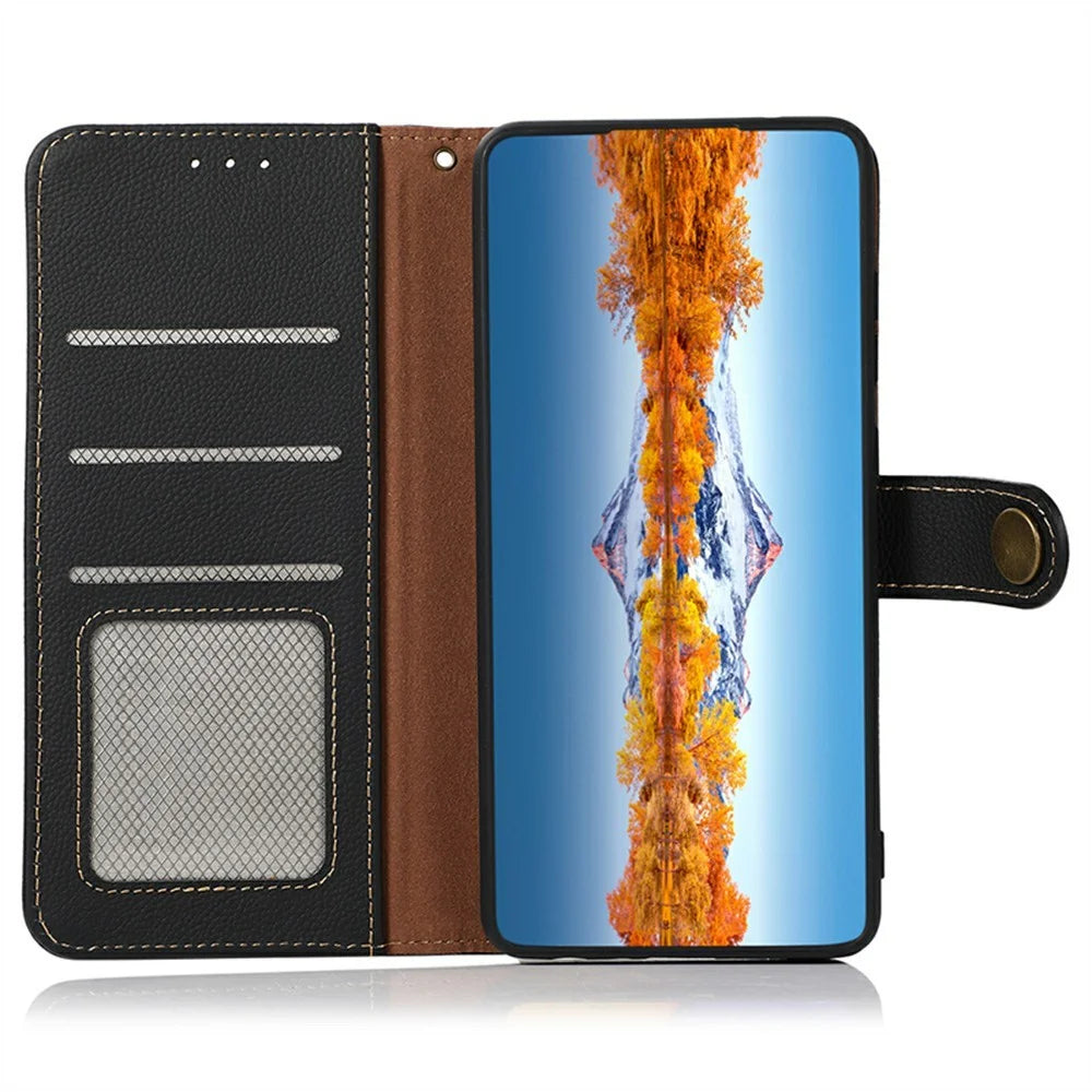 KHAZNEH for iPhone 17e / 16e Case Genuine Cow Leather RFID Blocking Wallet Phone Cover - Black - 4