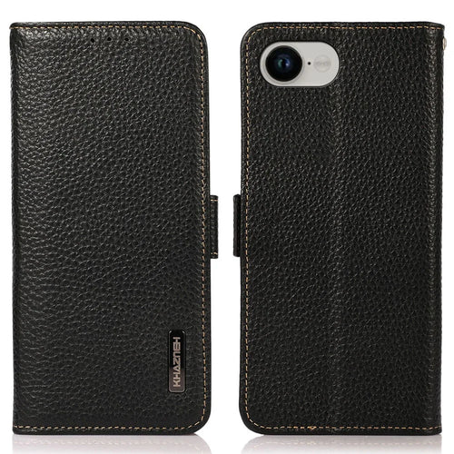 KHAZNEH For iPhone 17e / 16e Phone Case Genuine Cow Leather Cover RFID Blocking - Black - 1