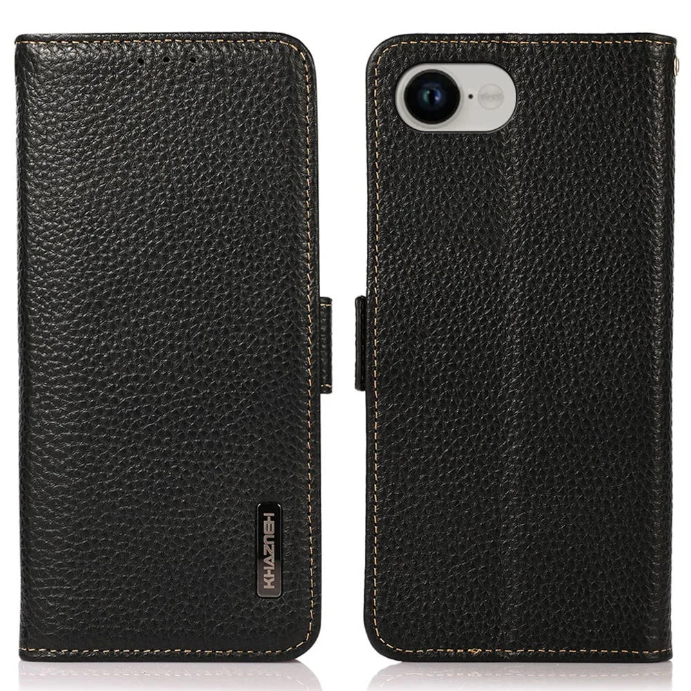 KHAZNEH For iPhone 17e / 16e Phone Case Genuine Cow Leather Cover RFID Blocking - Black - 1