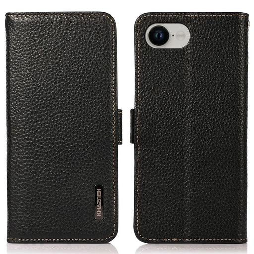 KHAZNEH For iPhone 17e / 16e Phone Case Genuine Cow Leather Cover RFID Blocking - Black - 1
