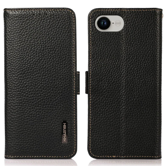 KHAZNEH For iPhone 17e / 16e Phone Case Genuine Cow Leather Cover RFID Blocking - Black - 1