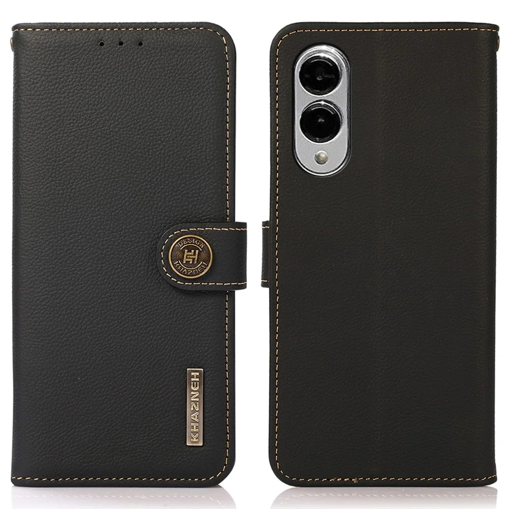 KHAZNEH for Samsung Galaxy S25 Edge Case Genuine Cow Leather RFID Blocking Wallet Phone Cover - Black - 1