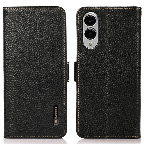 KHAZNEH for Samsung Galaxy S25 Edge Phone Case Genuine Cow Leather Cover RFID Blocking - Black - 1