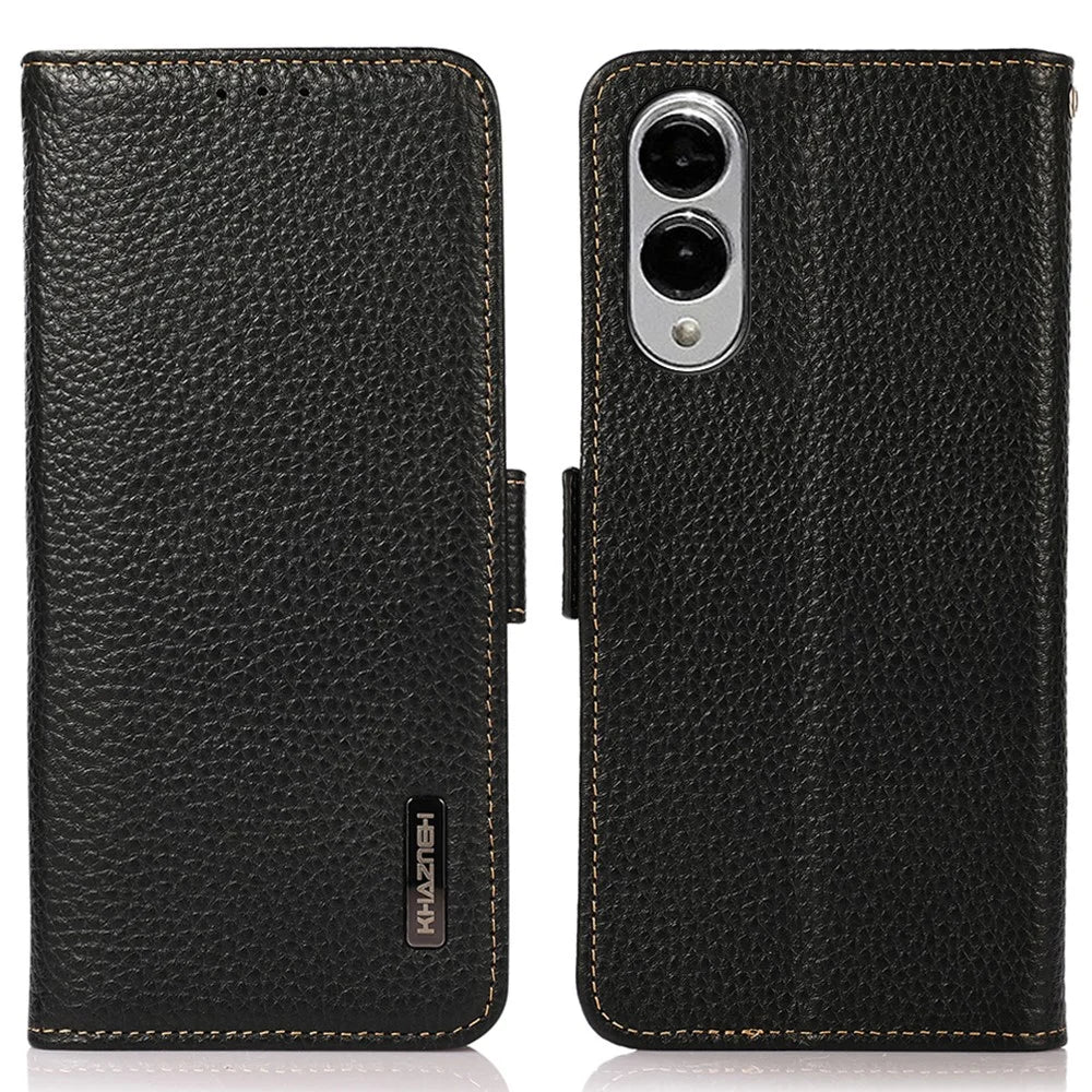 KHAZNEH for Samsung Galaxy S25 Edge Phone Case Genuine Cow Leather Cover RFID Blocking - Black - 1