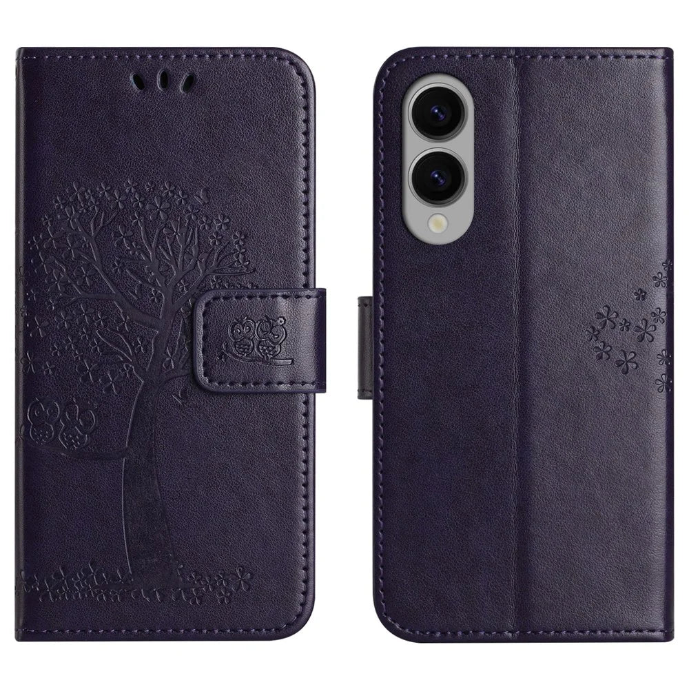 For Samsung Galaxy S25 Edge Case PU Leather Owl Tree Imprinted Wallet Phone Cover - Dark Blue - 1