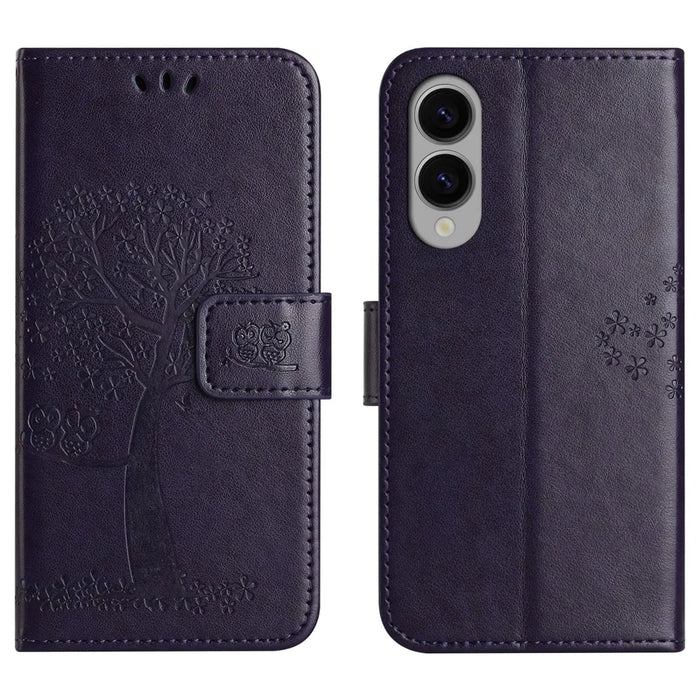 For Samsung Galaxy S25 Edge Case PU Leather Owl Tree Imprinted Wallet Phone Cover - Dark Blue - 1