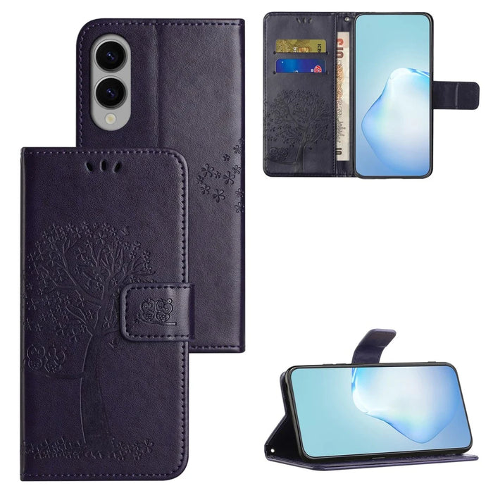 For Samsung Galaxy S25 Edge Case PU Leather Owl Tree Imprinted Wallet Phone Cover - Dark Blue - 4