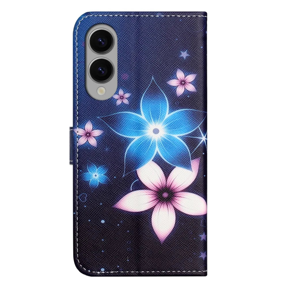 For Samsung Galaxy S25 Edge Case Pattern Print PU Leather Wallet Phone Cover Cross Texture - Blue Flower - 6