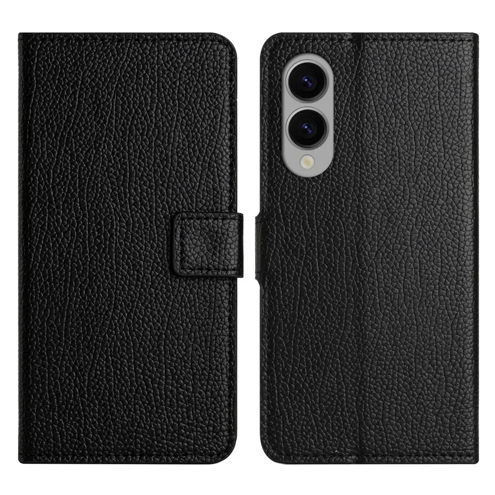 For Samsung Galaxy S25 Edge Case PU Leather Wallet Phone Cover Litchi Texture, Black - 1
