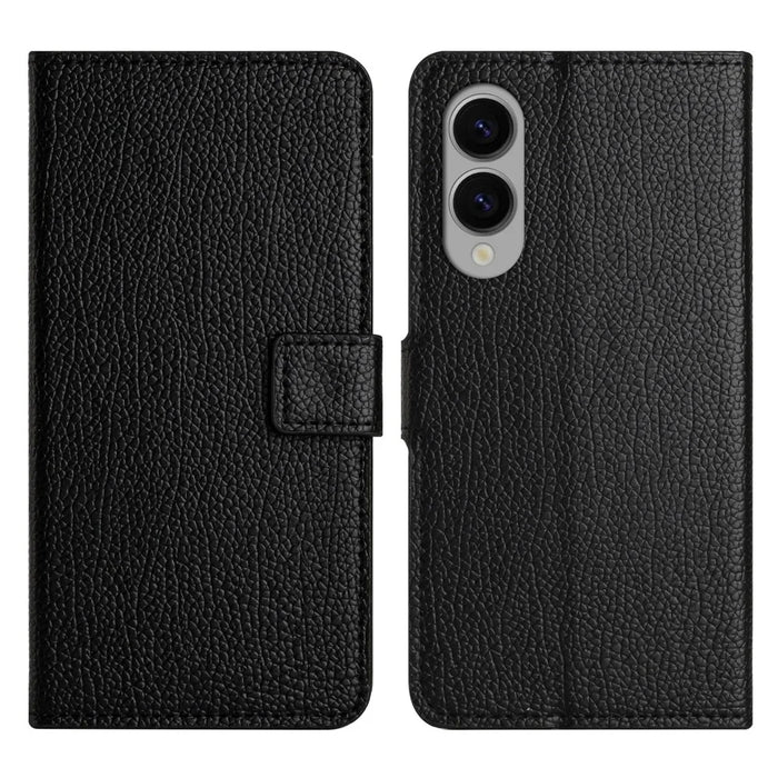 For Samsung Galaxy S25 Edge Case PU Leather Wallet Phone Cover Litchi Texture, Black - 1