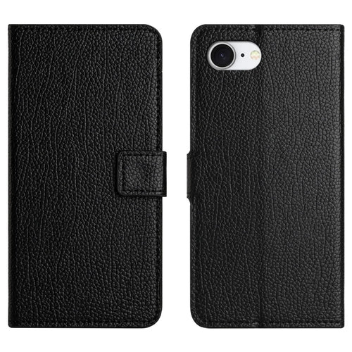 For iPhone 17e / 16e Case PU Leather Wallet Phone Cover Litchi Texture, Black - 1