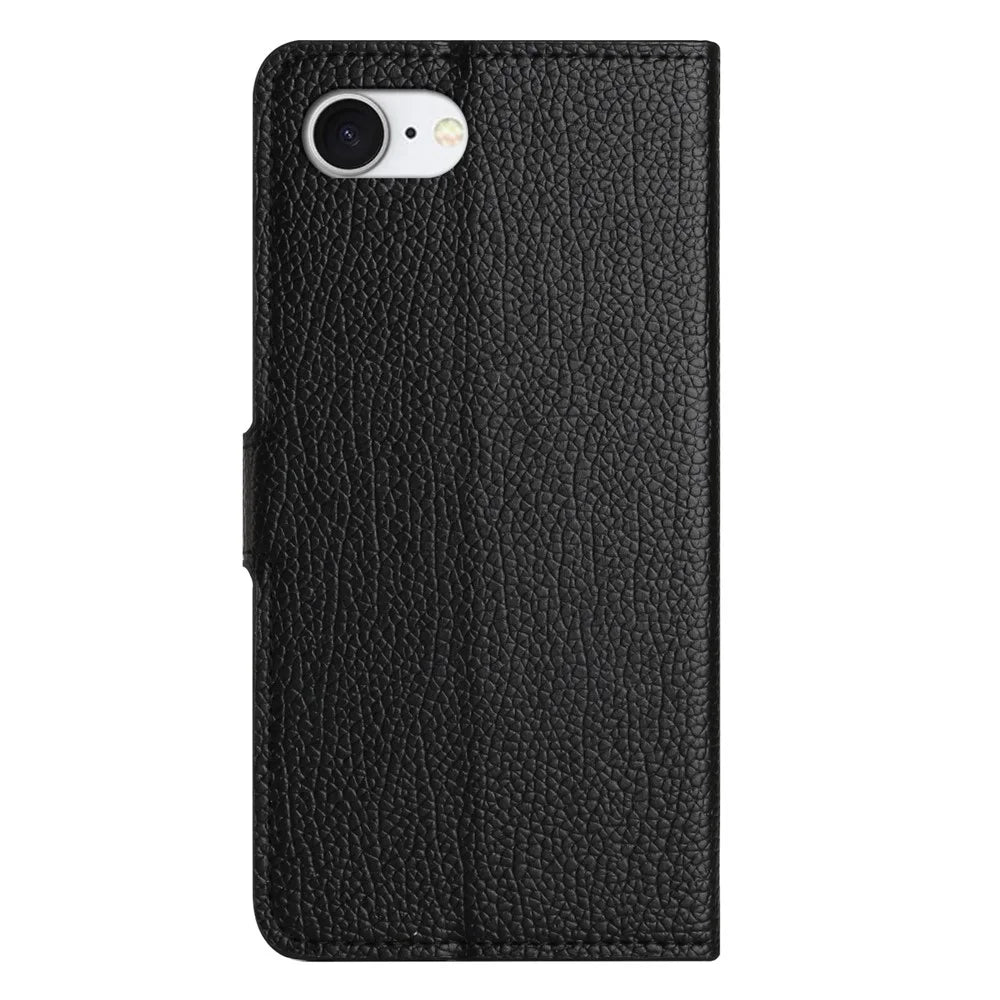 For iPhone 17e / 16e Case PU Leather Wallet Phone Cover Litchi Texture, Black - 6