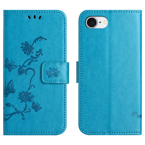 For iPhone 17e / 16e Case Wallet Stand Imprinted Butterfly Flower PU Leather Phone Cover - Blue - 1