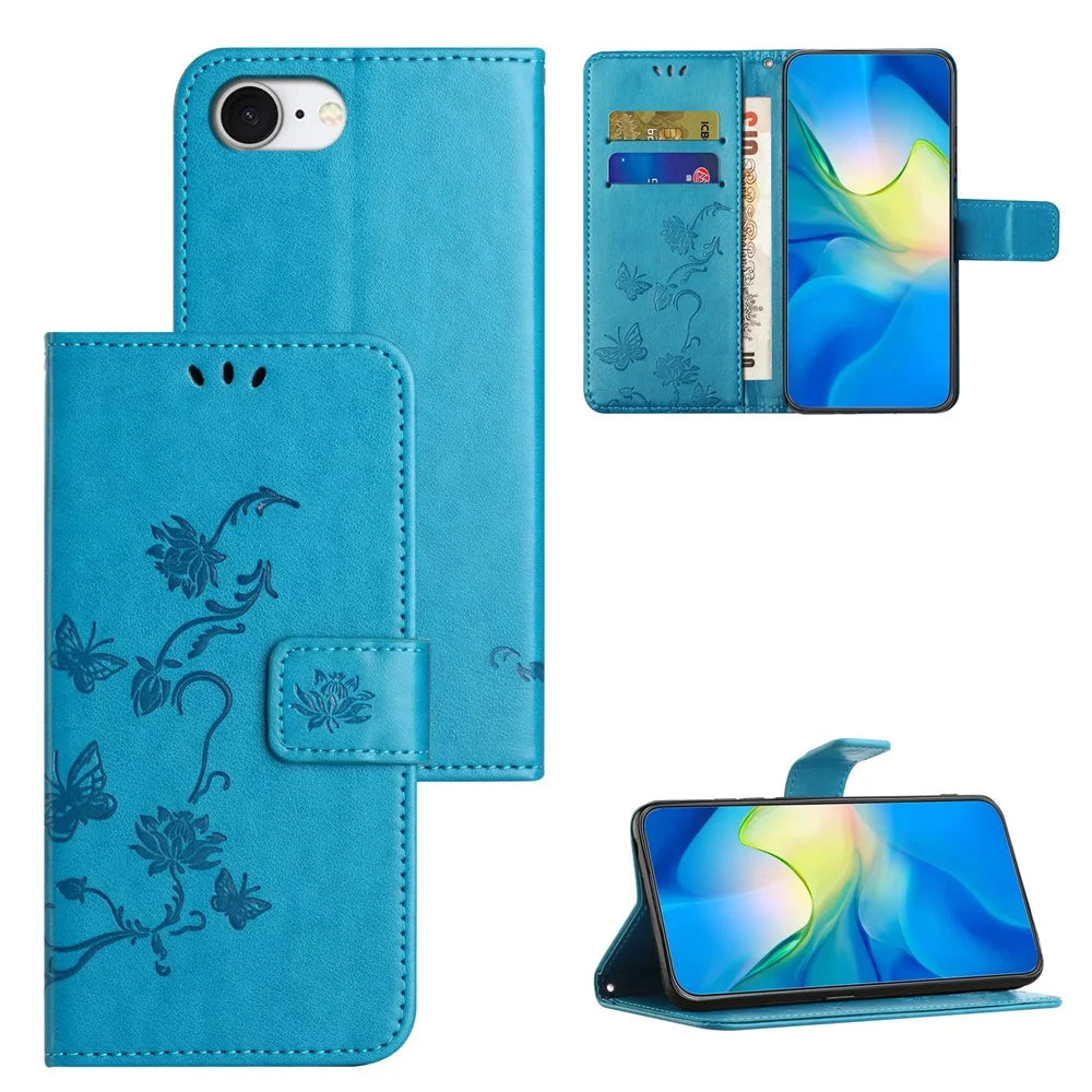 For iPhone 17e / 16e Case Wallet Stand Imprinted Butterfly Flower PU Leather Phone Cover - Blue - 4