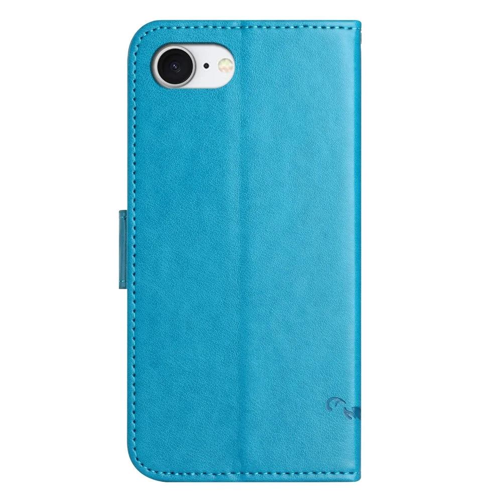For iPhone 17e / 16e Case Wallet Stand Imprinted Butterfly Flower PU Leather Phone Cover - Blue - 6