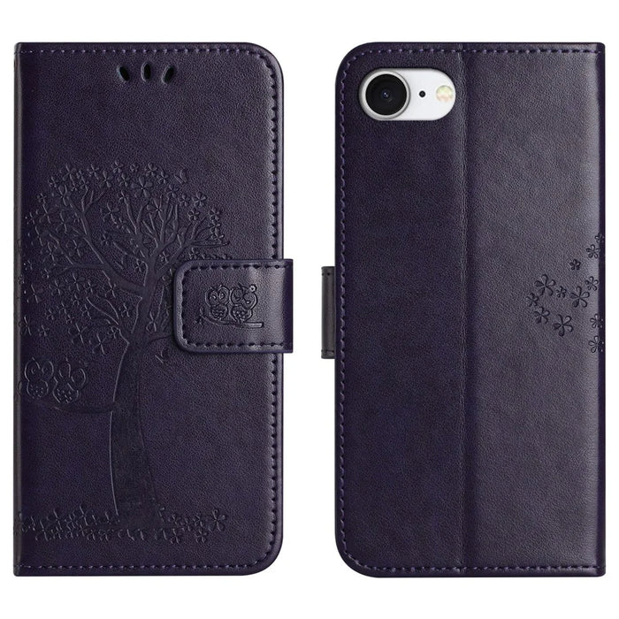 For iPhone 17e / 16e Case PU Leather Owl Tree Imprinted Wallet Phone Cover - Dark Purple - 1