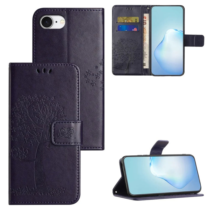 For iPhone 17e / 16e Case PU Leather Owl Tree Imprinted Wallet Phone Cover - Dark Purple - 4