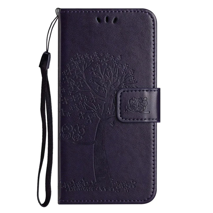 For iPhone 17e / 16e Case PU Leather Owl Tree Imprinted Wallet Phone Cover - Dark Purple - 5