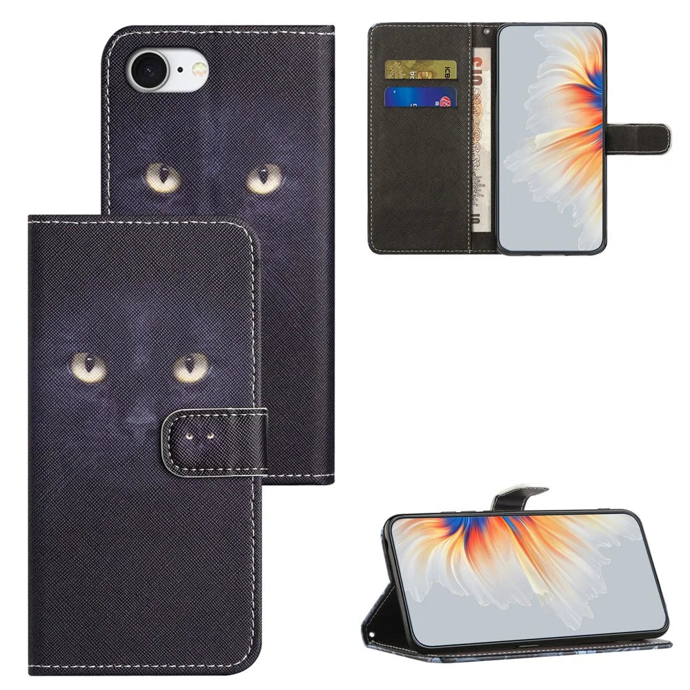 For iPhone 17e / 16e Case Pattern Print PU Leather Wallet Phone Cover Cross Texture - Cat's Eye - 4