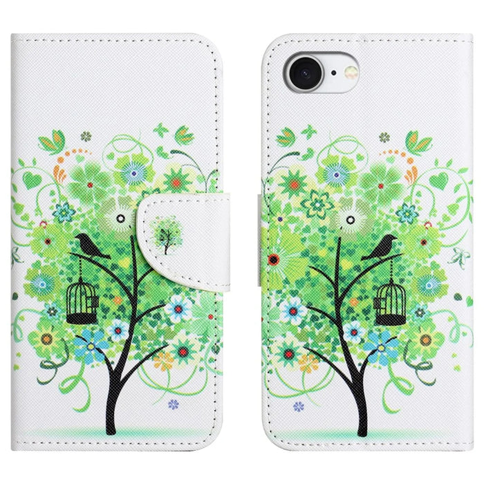 For iPhone 17e / 16e Case Pattern Printing Cross Texture Leather Phone Cover - Green Tree - 1
