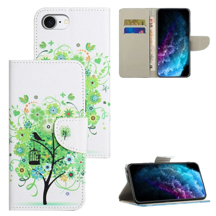 For iPhone 17e / 16e Case Pattern Printing Cross Texture Leather Phone Cover - Green Tree - 4