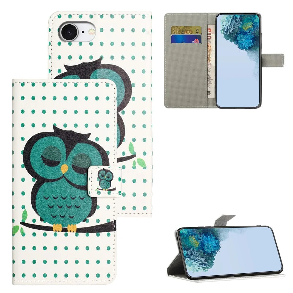 For iPhone 17e / 16e Case Pattern Print PU Leather Wallet Phone Cover - Dots Owl - 4