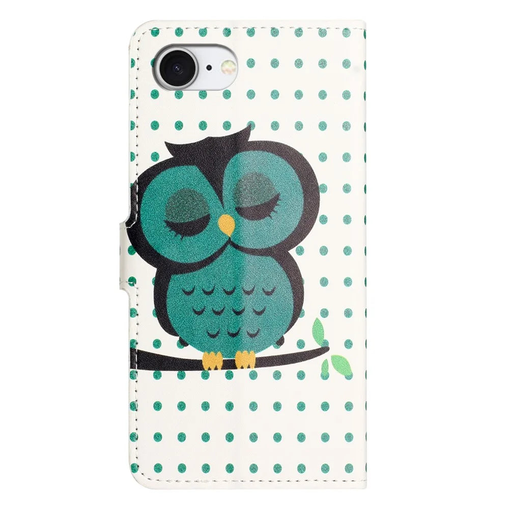 For iPhone 17e / 16e Case Pattern Print PU Leather Wallet Phone Cover - Dots Owl - 6