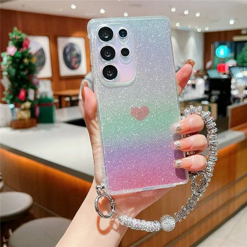 For Samsung Galaxy S25 Ultra Case Heart Glitter Gradient TPU Phone Back Cover with Rhinestones Strap - Fantasy Pink - 1