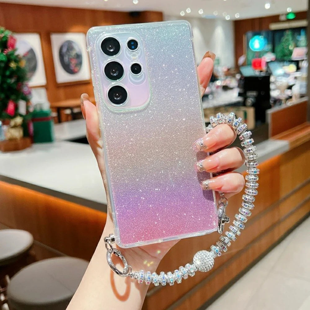For Samsung Galaxy S25 Ultra Case Gradient Glitter TPU Protective Phone Cover with Wrist Strap - Pink - 1