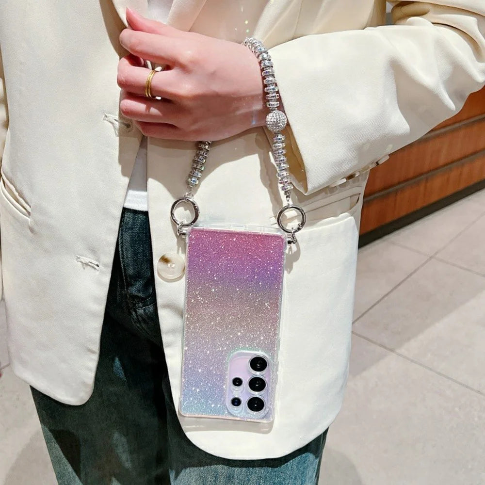 For Samsung Galaxy S25 Ultra Case Gradient Glitter TPU Protective Phone Cover with Wrist Strap - Pink - 2