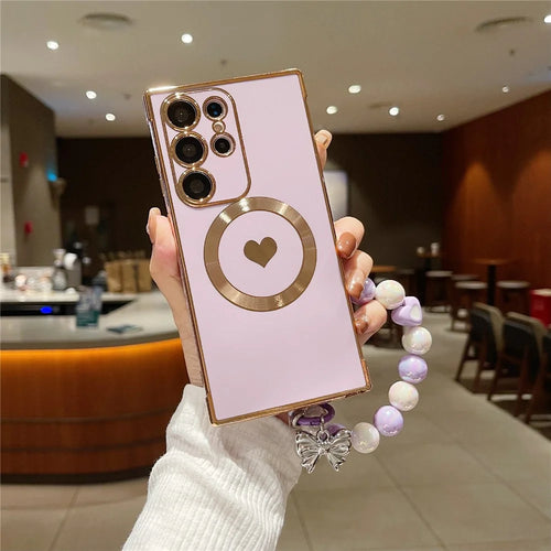 For Samsung Galaxy S25 Ultra Side Electroplate Heart Pattern Case Compatible with Magsafe TPU Phone Cover with Wrist Chain - Purple - 1