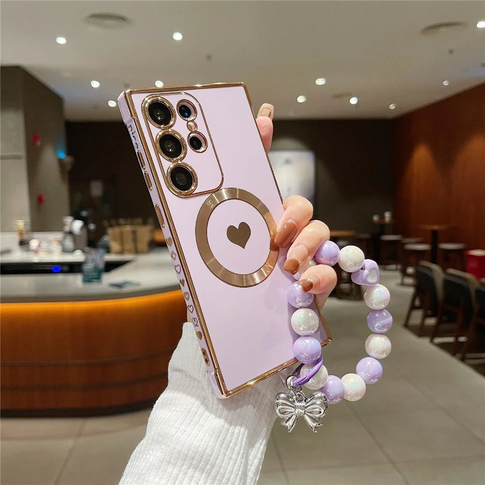 For Samsung Galaxy S25 Ultra Side Electroplate Heart Pattern Case Compatible with Magsafe TPU Phone Cover with Wrist Chain - Purple - 2