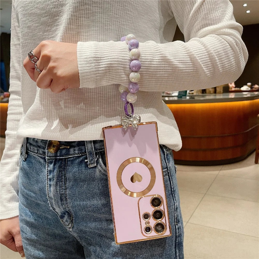 For Samsung Galaxy S25 Ultra Side Electroplate Heart Pattern Case Compatible with Magsafe TPU Phone Cover with Wrist Chain - Purple - 3