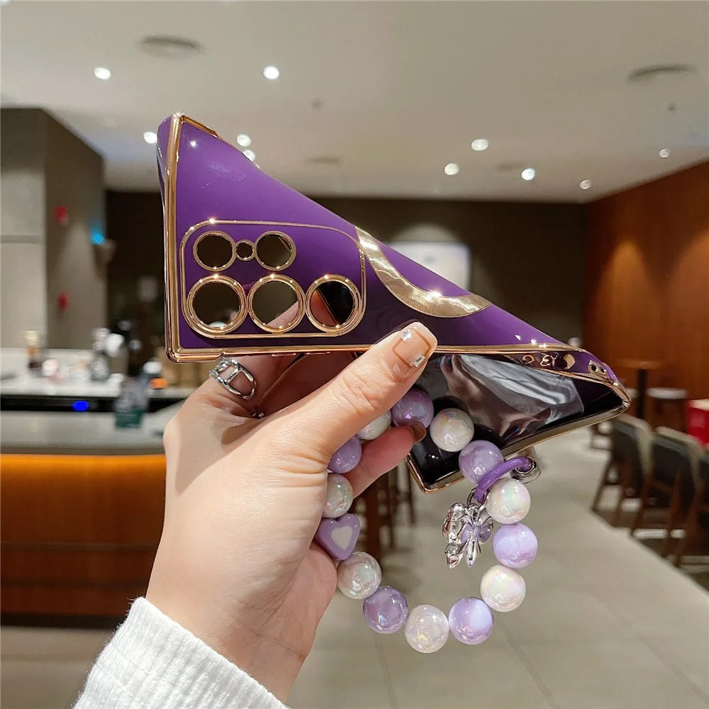 For Samsung Galaxy S25 Ultra Side Electroplate Heart Pattern Case Compatible with Magsafe TPU Phone Cover with Wrist Chain - Purple - 4
