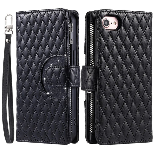 Style 012 for iPhone 17e / 16e Case Zipper Pocket Glitter Leather Phone Cover - Black - 1