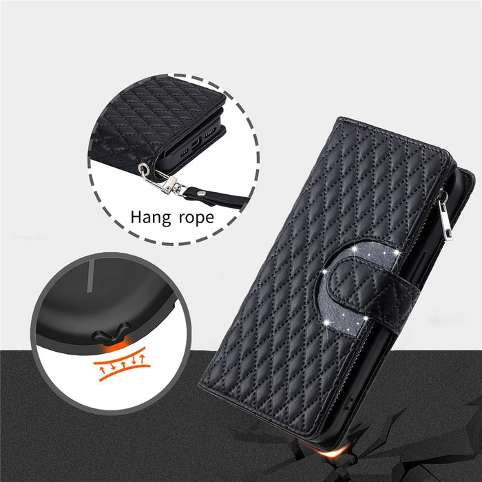 Style 012 for iPhone 17e / 16e Case Zipper Pocket Glitter Leather Phone Cover - Black - 7