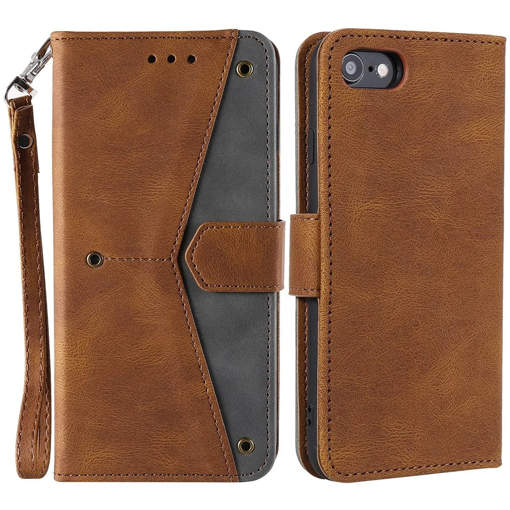 For iPhone 17e / 16e Leather Case Splicing Stitching Wallet Phone Cover with Wrist Strap - Brown - 1