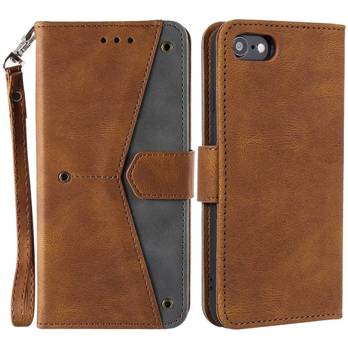 For iPhone 17e / 16e Leather Case Splicing Stitching Wallet Phone Cover with Wrist Strap - Brown - 1