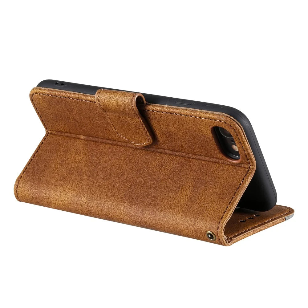 For iPhone 17e / 16e Leather Case Splicing Stitching Wallet Phone Cover with Wrist Strap - Brown - 3