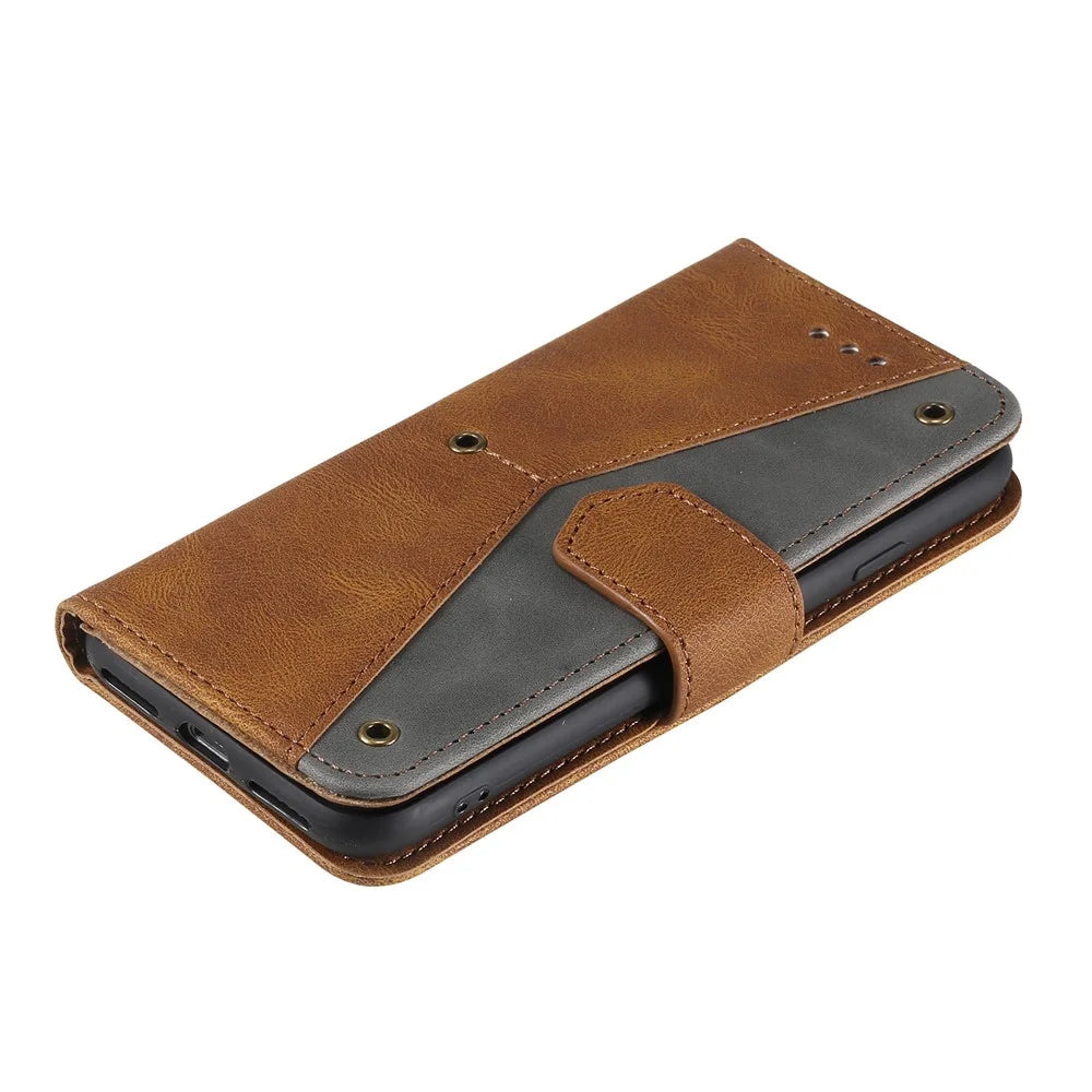For iPhone 17e / 16e Leather Case Splicing Stitching Wallet Phone Cover with Wrist Strap - Brown - 4
