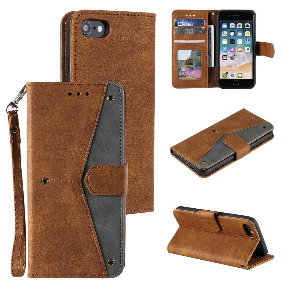 For iPhone 17e / 16e Leather Case Splicing Stitching Wallet Phone Cover with Wrist Strap - Brown - 5