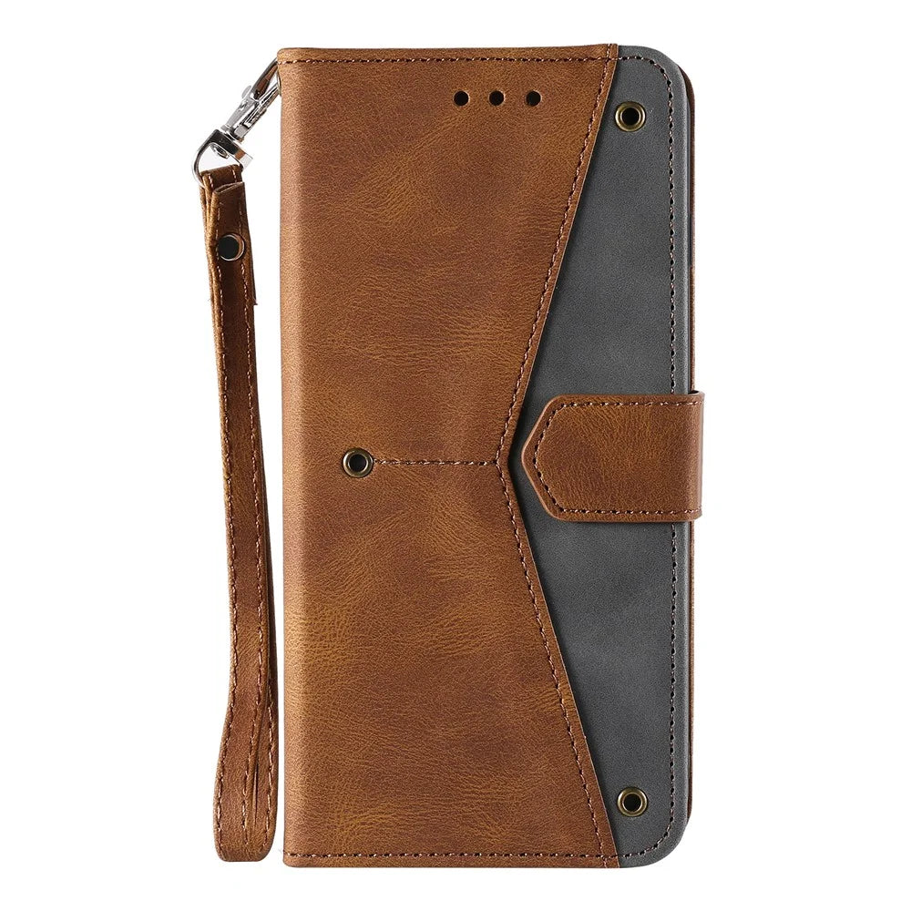 For iPhone 17e / 16e Leather Case Splicing Stitching Wallet Phone Cover with Wrist Strap - Brown - 6