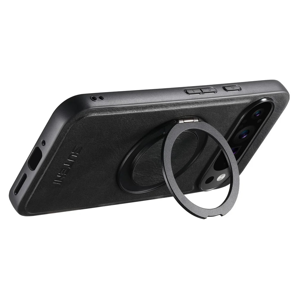SUTENI G3 For Google Pixel 9 / 9 Pro Magnetic Case Waxy Texture Rotating Kickstand Leather Phone Back Cover - Black - 2