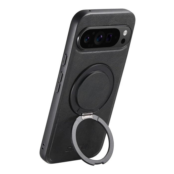 SUTENI G3 For Google Pixel 9 / 9 Pro Magnetic Case Waxy Texture Rotating Kickstand Leather Phone Back Cover - Black - 3