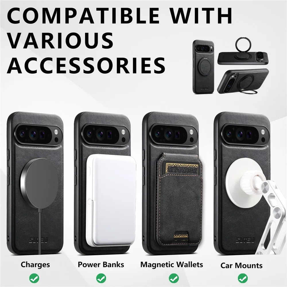 SUTENI G3 For Google Pixel 9 / 9 Pro Magnetic Case Waxy Texture Rotating Kickstand Leather Phone Back Cover - Black - 6