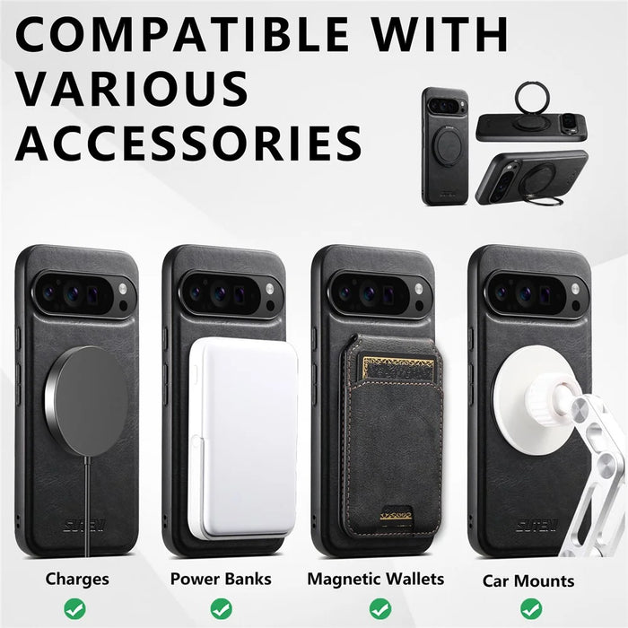 SUTENI G3 For Google Pixel 9 / 9 Pro Magnetic Case Waxy Texture Rotating Kickstand Leather Phone Back Cover - Black - 6
