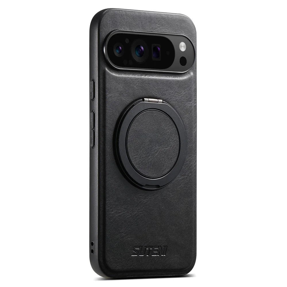 SUTENI G3 For Google Pixel 9 / 9 Pro Magnetic Case Waxy Texture Rotating Kickstand Leather Phone Back Cover - Black - 7